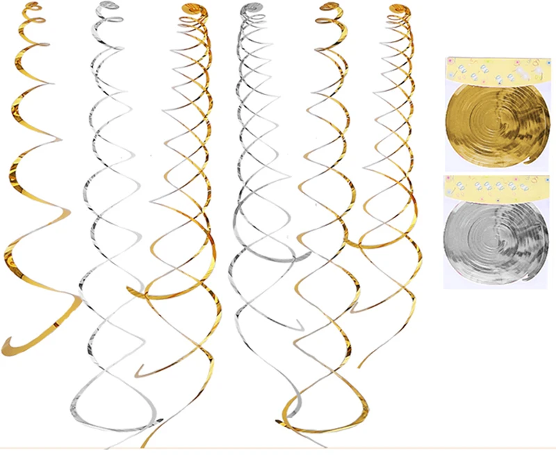 

Free ship 24x asst.size gold silver hanging spiral swirls birthday wedding party ceiling decoration foil danglers spiral decor
