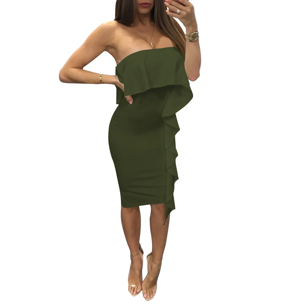 Белый без бретелек оборками Chic Bodycon платье Новая Для женщин рукавов с открытыми