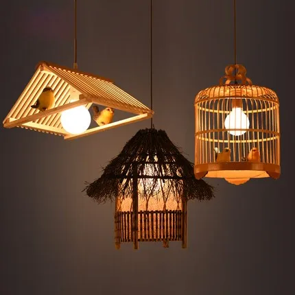 Подвесной ретро светильник с бамбуковым плетением в китайском саду|Подвесные