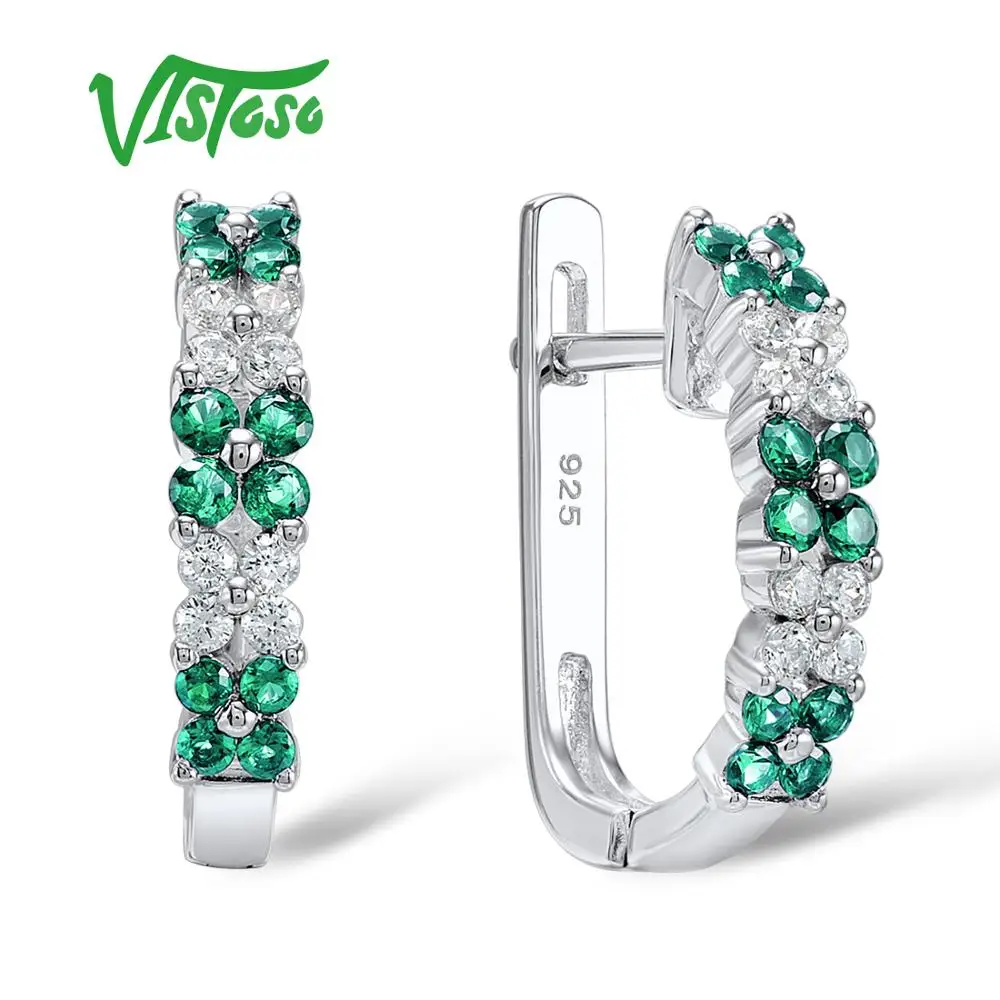 VISTOSO серебряные серьги гвоздики для женщин Цветок зеленые шпинели белый CZ