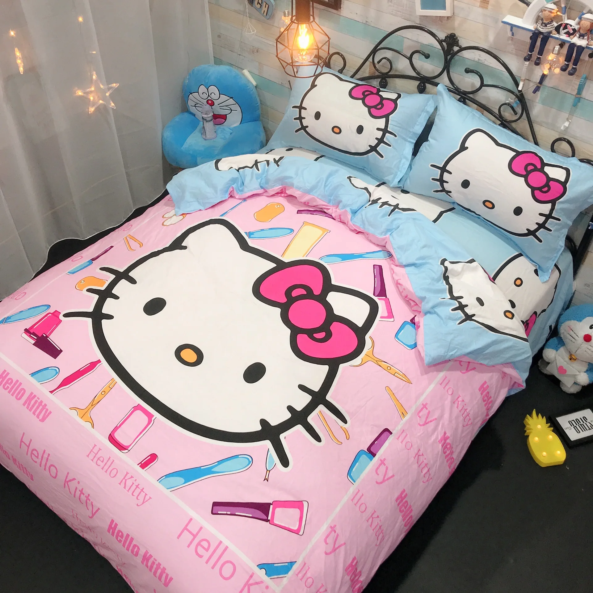 Hello kitty Милый хлопковый Детский Комплект постельного белья, простыня фиолетового цвета, мультяшная девочка KT, 4 шт., милые пододеяльники и одеяла, розовый цвет - Цвет: Красный
