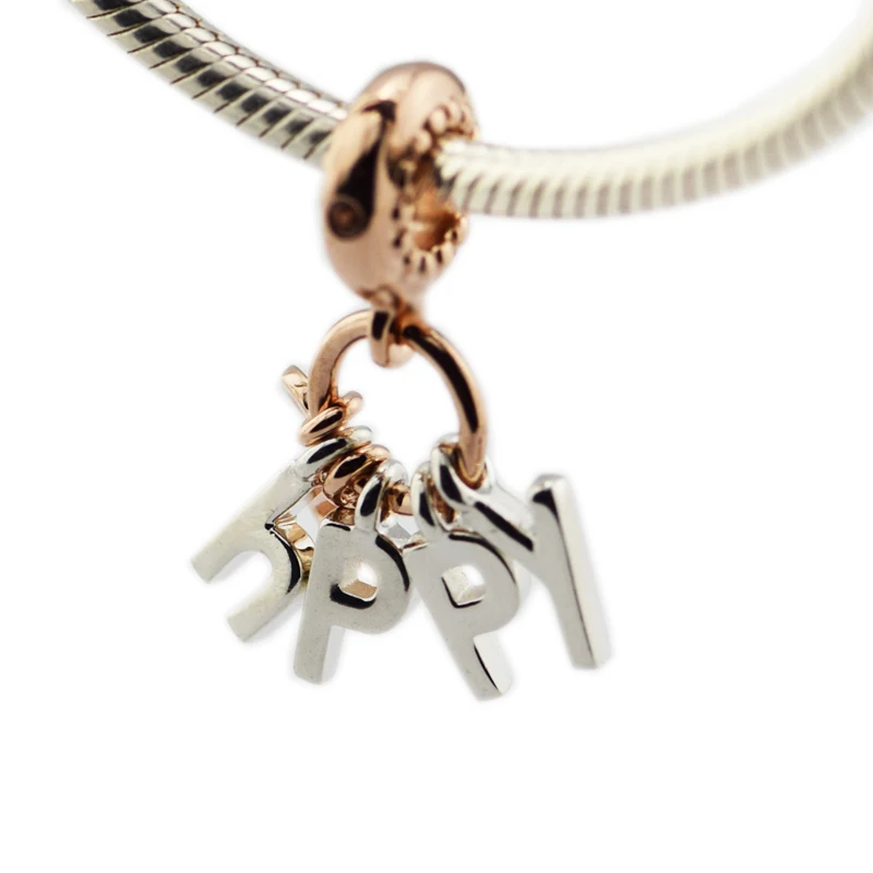 

Authentic 925 Sterling Silver Rose Color Be Happy Dangle Charm Beads Fit Original Bracelet DIY Jewelry Making Berloque