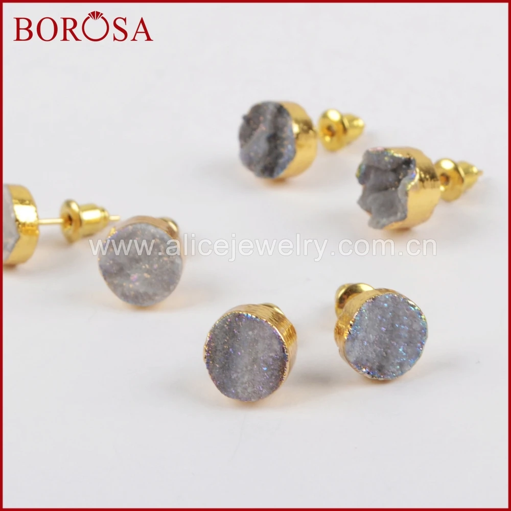 Круглые серьги-гвоздики BOROSA G1379 золотого цвета из титана AB Galaxy Druzy Quartz модные с
