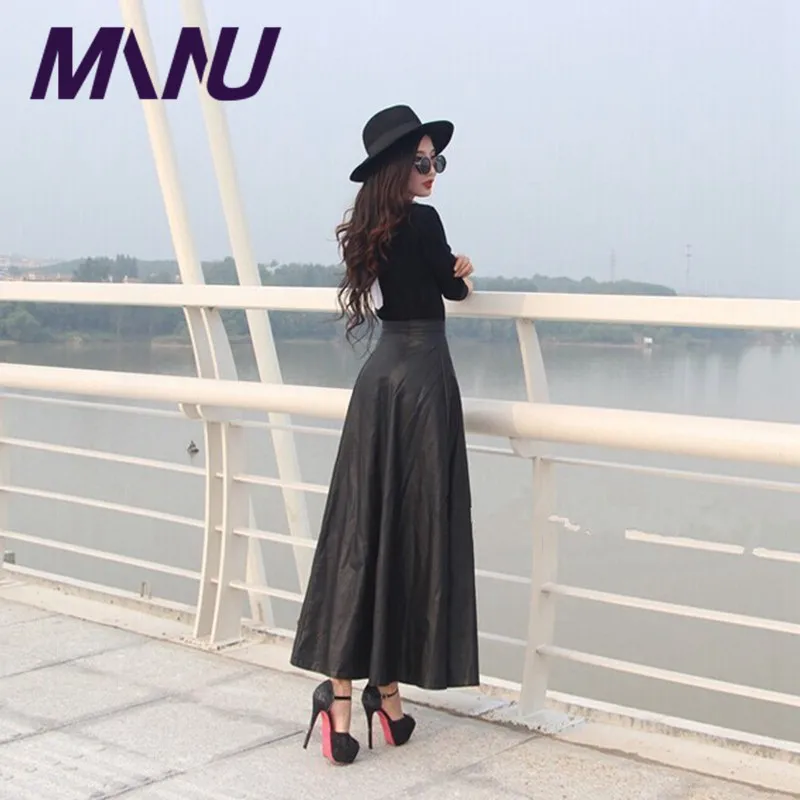 Женские длинные юбки из искусственной кожи однотонная черная юбка трапеция в пол