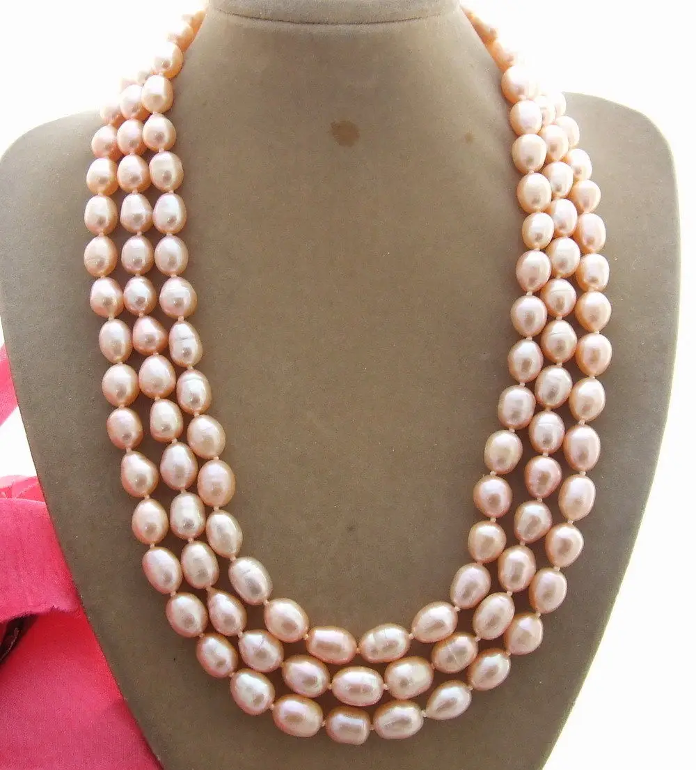 

NEW Freshwater pearl 3Strad Natural 8x10MM Pink Pearl Necklace AA