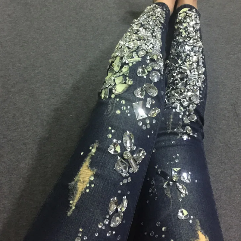 Женские винтажные джинсы со средней талией брюки стразами и бусинами размера