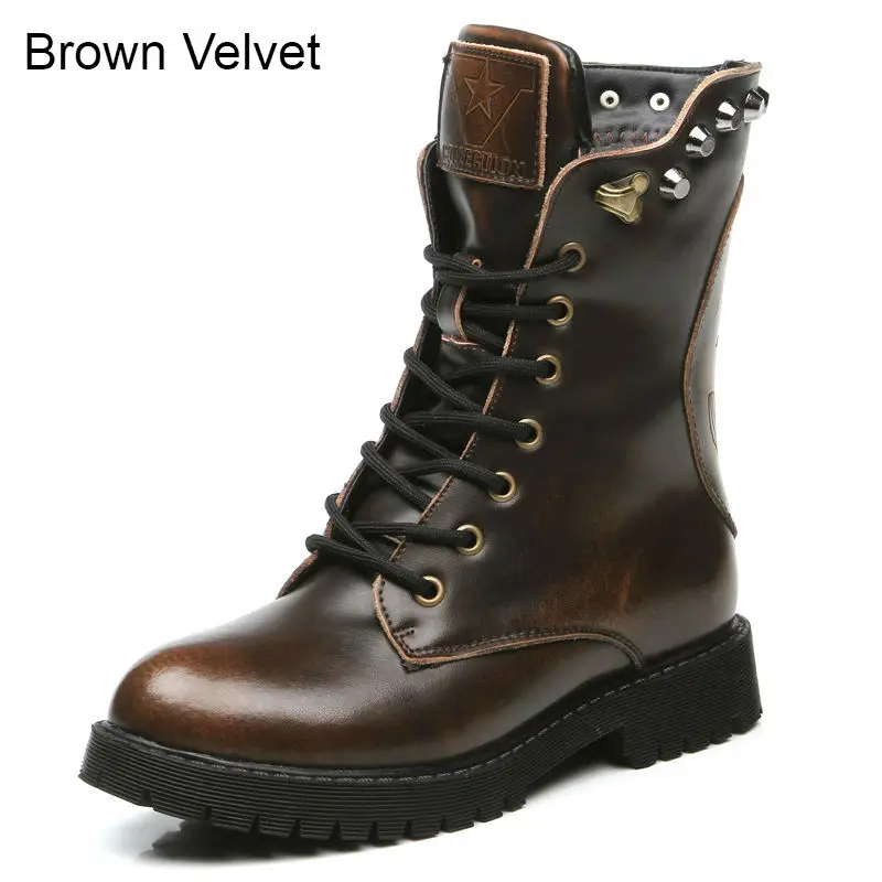 Brown Velvet BIMUDUIYU; классические ботильоны; трендовые мужские мотоциклетные ботинки с заклепками; зимние теплые ботинки на плоской подошве в русском стиле - Цвет: Brown Velvet