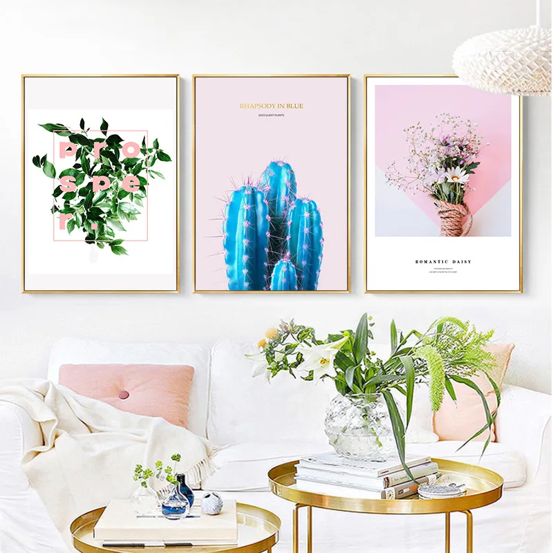 Nordic Spray Color Plant Blue Cactus Canvas Painting Flowers Pink Beach Sea Poster Modern Abstract Wall Picture Room Decoration | Дом и сад