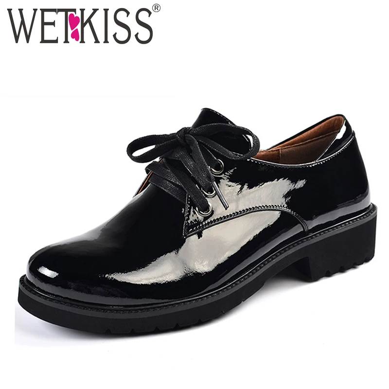 WETKISS/зимние сапоги с Лакированная кожа Туфли без каблуков Для женщин на шнуровке