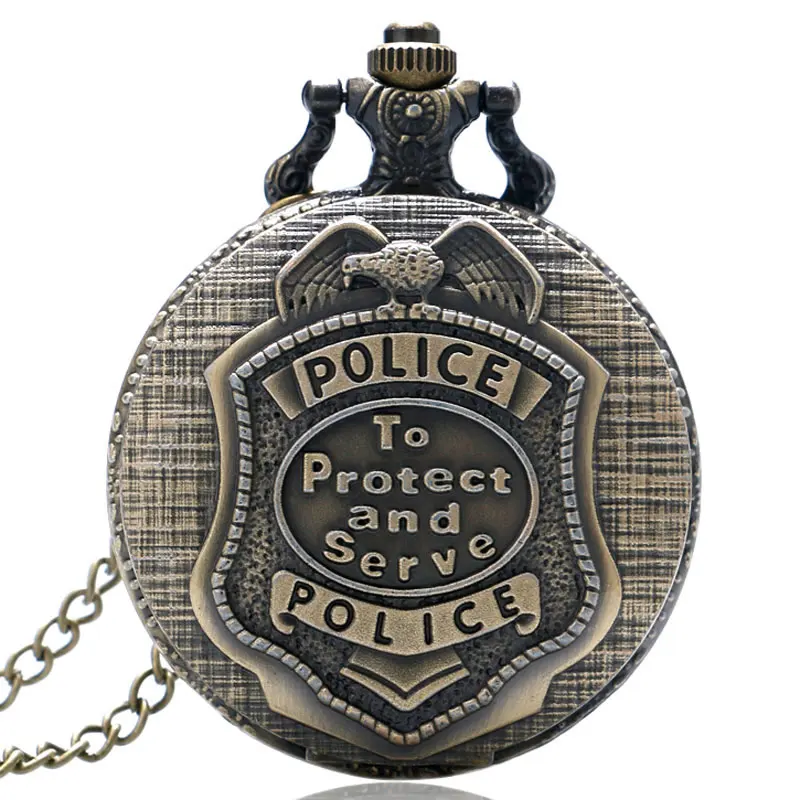 

Retro Bronze POLICE Quartz Pocket Watch Pendant Necklace Chain Mens Womens Gift P388