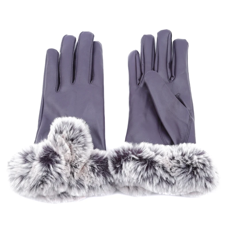

New Winter Leather Gloves Female Ms With Velvet Thickening Cashmere touch-screen Imitation Rabbit Wool Warm Gloves