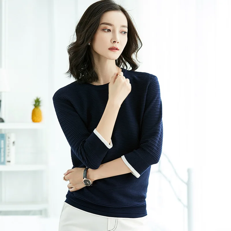 Suvance Autumn Winter Fashion Knitted O Neck Half Sleeve Sweater Casual Navy Blue Color Slim Women Pullover | Женская одежда