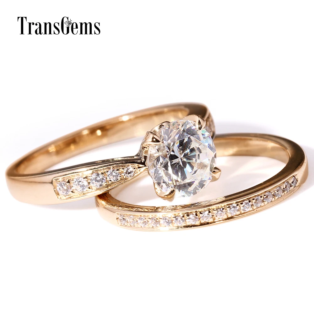 TransGems Твердые 14 к 585 Желтое золото 1ct 6,5mm F Цвет обручальное кольцо набор колец для Для женщин свадебные 2 шт. из атласа набор колец