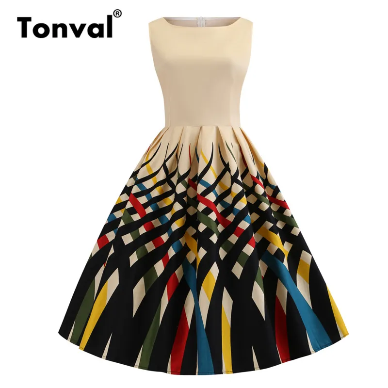 Multicolor Tonval, многоцветное винтажное ретро платье с принтом, большой размер 4XL, плиссированное женское платье, плюс размер, хлопковые платья - Цвет: Multicolor