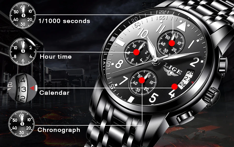 Mens Watches Top Brand Fashion Chronograph LIGE Black Quartz Watch Stainless Steel Automatic Date Watch Relogio Masculino