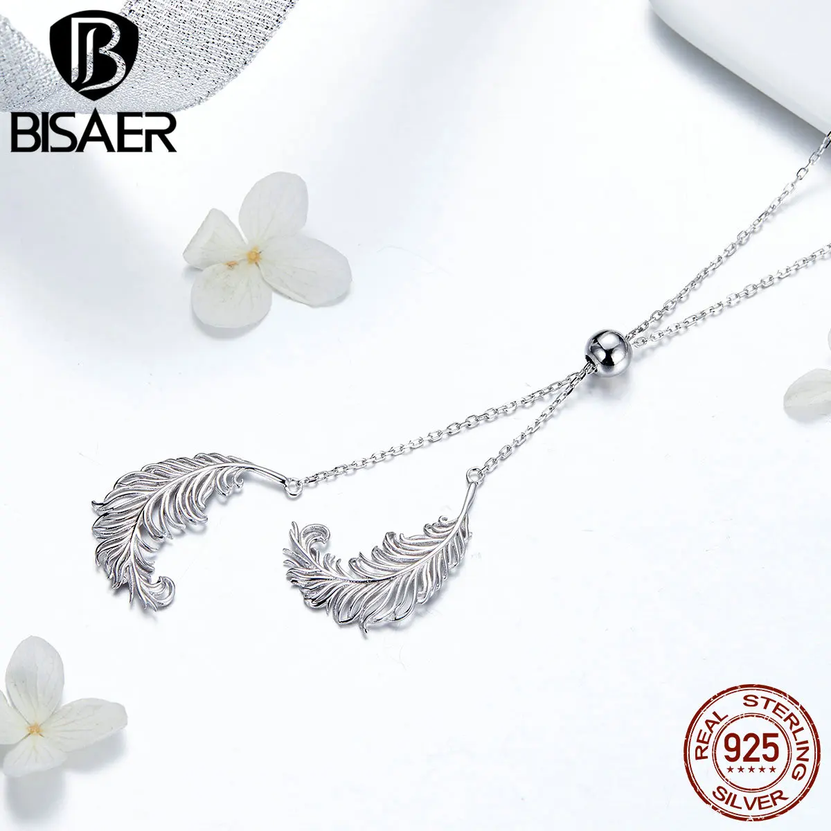BISAER 925 пробы Серебряная винтажная подвеска с перьями Длинная цепочка ожерелья для женщин Дубай Свадебные ювелирные изделия ECN322