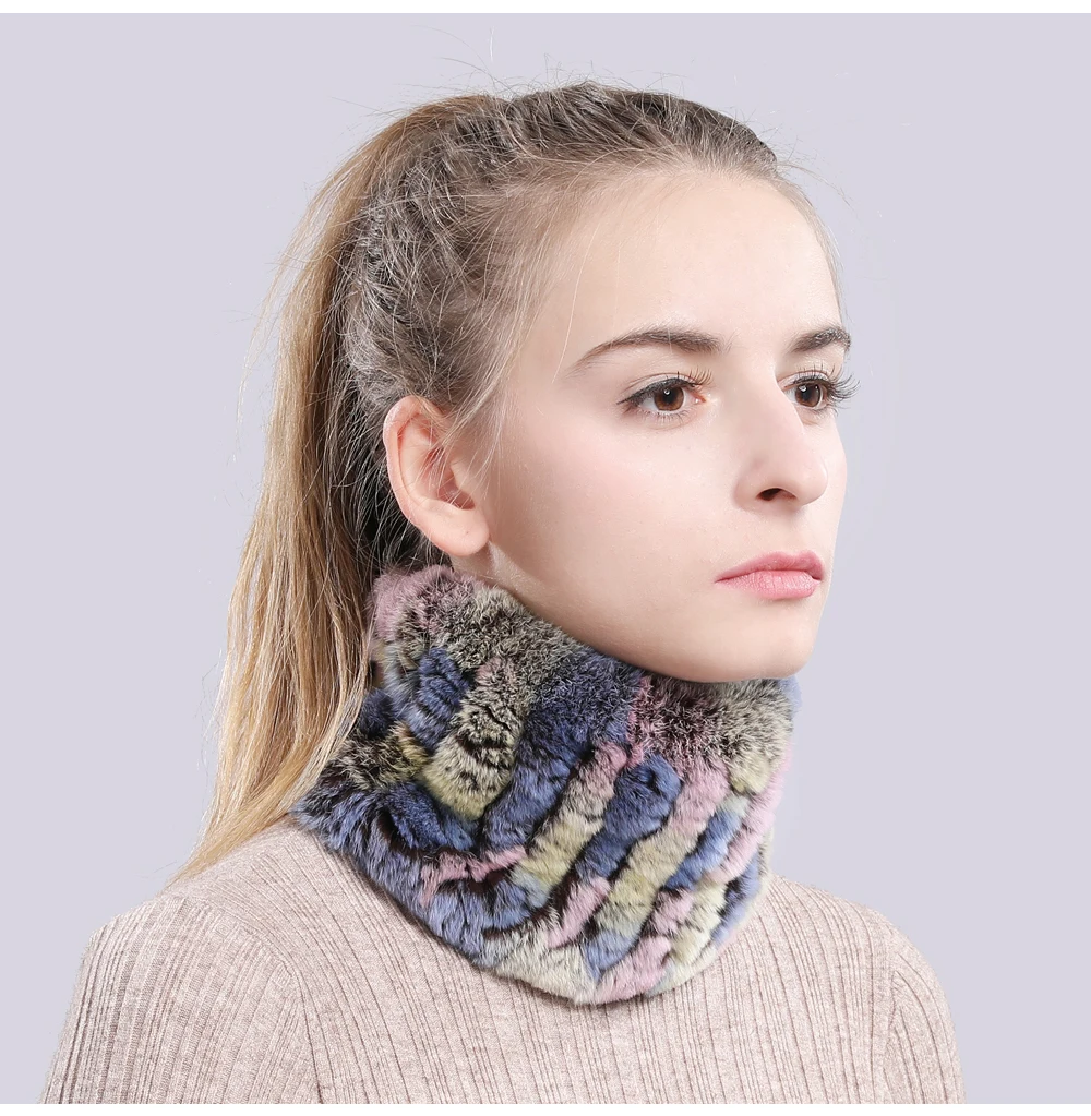 Women Real Fur Handmade Stretch Fur Scarf Knit Genuine Rex Rabbit Fur Headbands Girls Natural Fur Ring Cowl Snood Scarves Winter