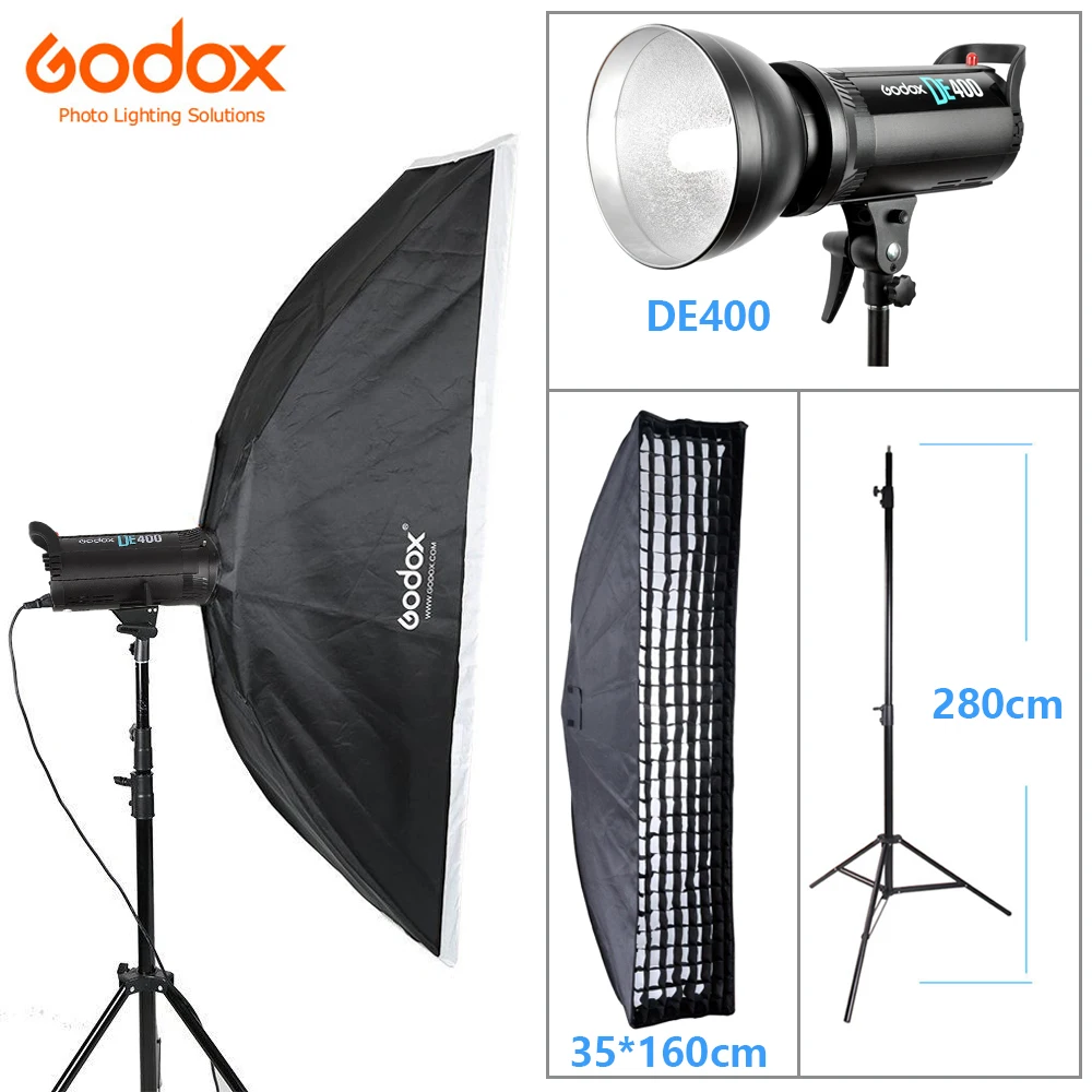 

Вспышка Godox DE400 400W/400WS для фотостудии, комплект стробоскосветильник + 35x160 см софтбокс с решеткой с креплением Bowens + стойка 2,8 м