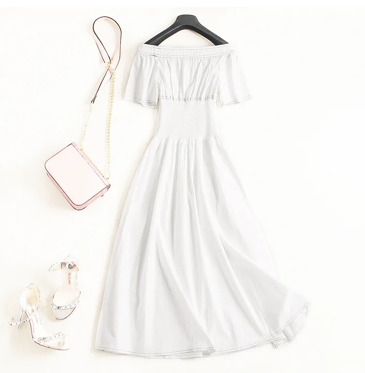 High Quality 2018 Summer Fashion Elegant Slash Neck Short Sleeve Solid Dress Waist Ankle-Length Beach VestidosC1529 | Женская одежда