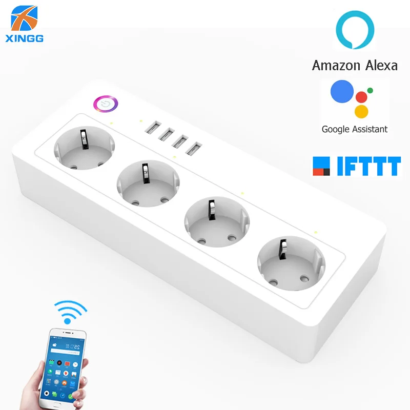 Smart WiFi Alexa Power Strip Intelligent Socket Switch 4 AC Outlets 4 Fast Charging USB Port For  Echo Google Assistant 16A 250V