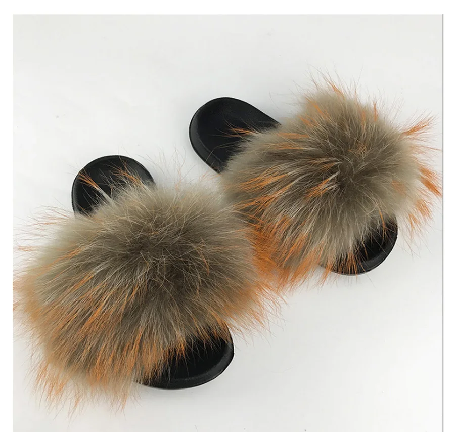 ZDFURS* New Arrivals Real Raccoon Fur Slippers Women Fluffy Fur Slides Spring Autumn Winter Indoor Outdoor Shoes
