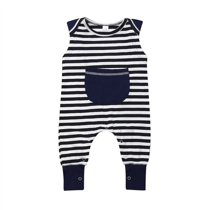Summer Sleeveless Pocket Striped O-Neck Outfit Jumpsuit Costume Clothes Clothing Newborn Infant Toddler Baby Boy Girl Romper | Мать и