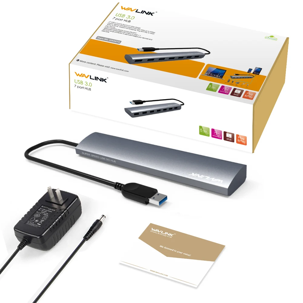 7 Порты высокое Скорость USB 3,0 Алюминий концентратор usb-хаб с выходом 5V 4A Мощность адаптер Wavlink для Macbook ультрабук iMac ПК портативный компьютер