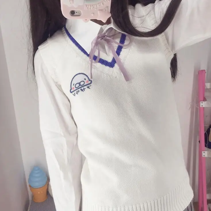 Japanese Preppy High School Uniform Vest Mamegoma Cartoon Animal Embroidery Sweater Sweet Cute Anime Cosplay Pullovers JK Girls | Женская