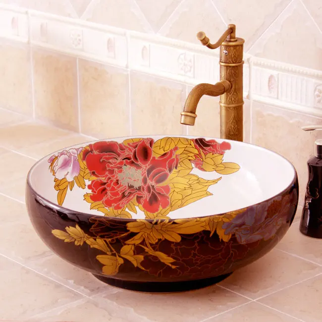 Европейский Винтажный умывальник Lavabo керамическая ванная раковина верхняя полочка на заказ умывальник с рисунком пиона умывальник - Цвет: design 4