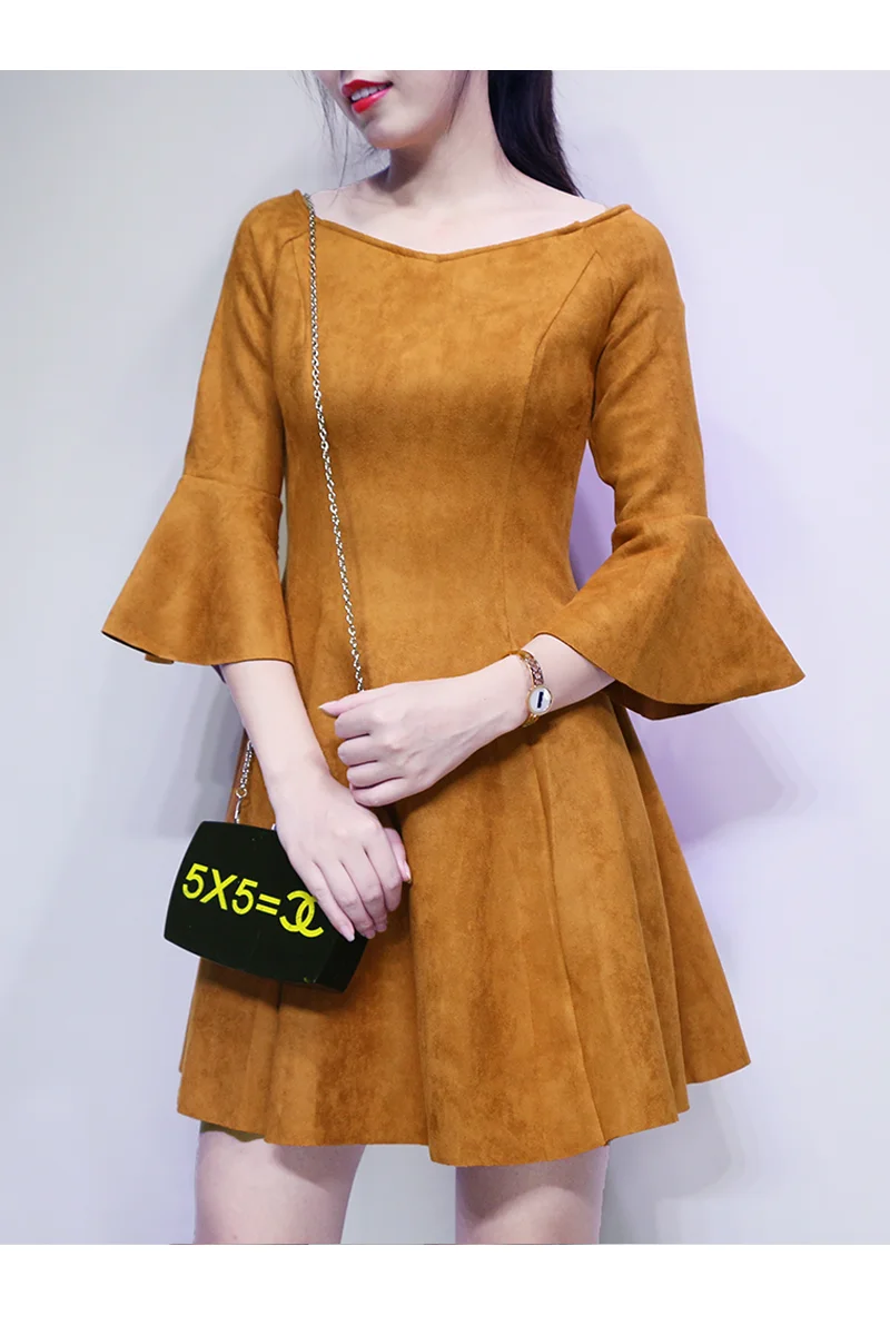 Женское Замшевое платье с рукавами фонариками завышенной талией|sleeve dress|suede dressflare