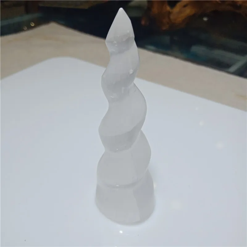 Natural Selenite spiral Unicorn Horn Carving Satin Spar Crystal Gemstone Reiki Healing raw white gypsum stone massager | Дом и сад