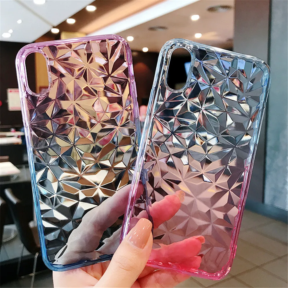 Gradient Color Chic 3D Crystal Diamond Phone Cases For OPPO R11s Plus Transparent Lingge Covers R15 R15pro Soft |