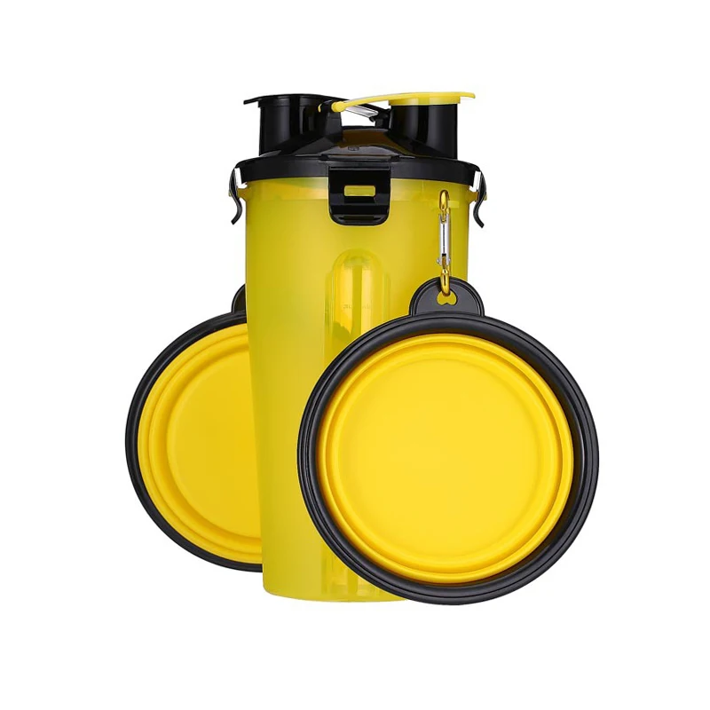 Yellow with 2 Bowls Переносная миска для путешествий для домашних животных, миска для собак, кошек, контейнер для воды, кормушка, миска для домашних животных со складными чашами, фляга для путешествующих чихуахуа - Цвет: Yellow with 2 Bowls