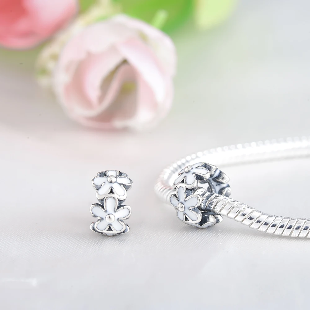 Suplush Darling Daisies Spacer Charm White Enamel Flower 925 Sterling Silver Beads Fit Original Bracelets Fine Jewelry PSMB0238 | Украшения