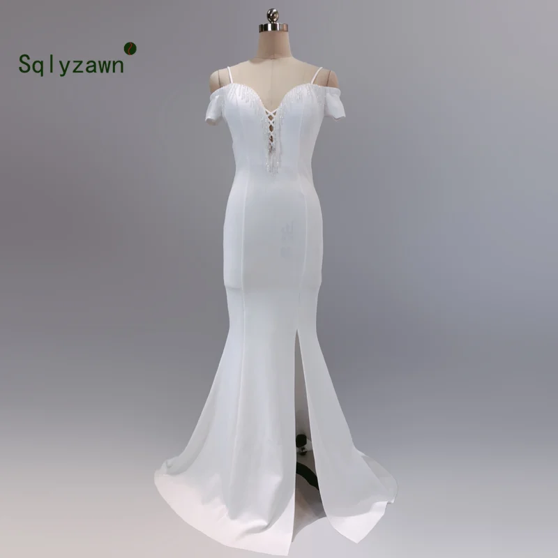 

New Arrival Elegant Champagne Mariage Dress Vestido De Festa Appliques Zipper Mermaid Dress Evening Bandage Dresses Side Split