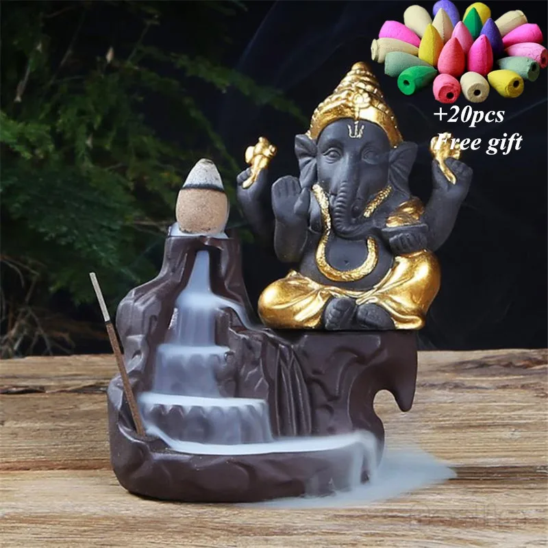 B Gold-20pcs Mixed Ganesha курильница для благовоний горелка Бог слон благоприятный и символ успеха водопад курильница домашний декор+ 20 шт Бесплатные конусы - Цвет: B Gold-20pcs Mixed
