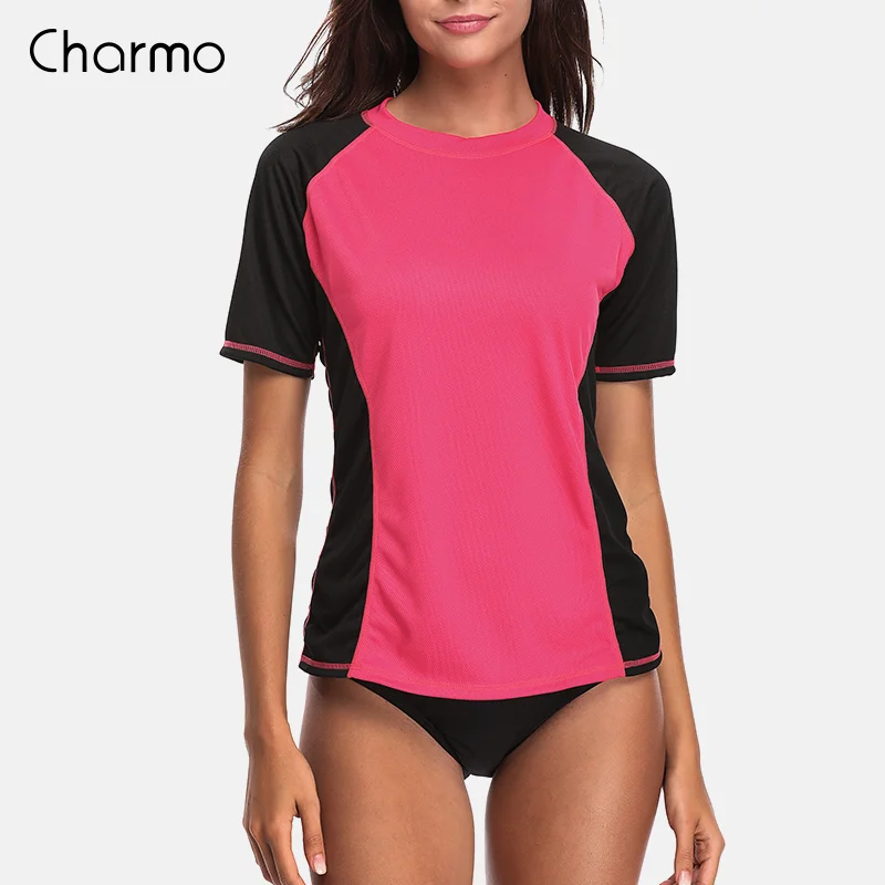 RED Charmo, короткий рукав, Женский Рашгард, Одноцветный, купальник, для серфинга, топ, для бега, для езды на велосипеде, рубашки, Рашгард, UPF 50 - Цвет: RED