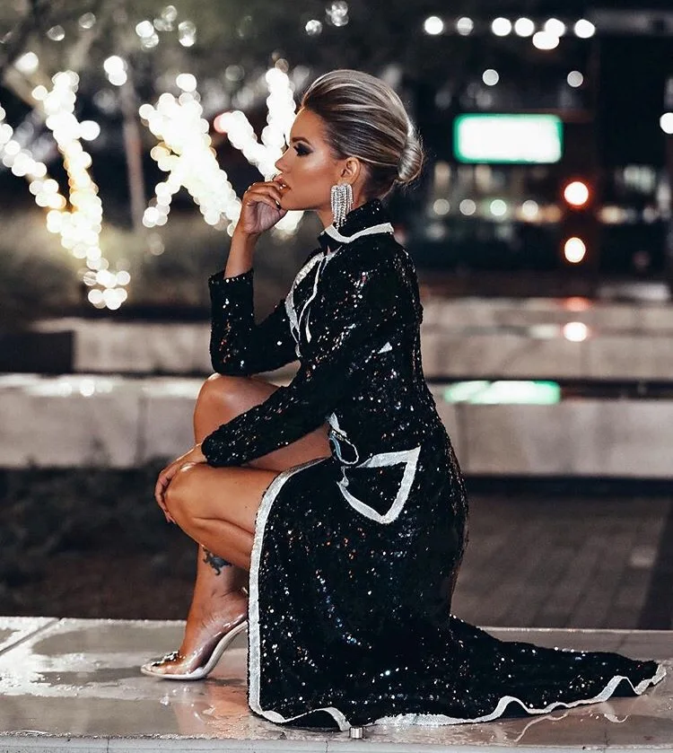 Новое зимнее модное сексуальное черное Женское пальто с пайетками 2019