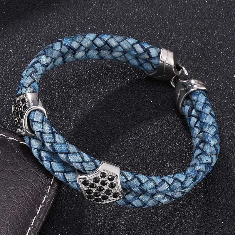 

Fashion Blue Genuine leather bracelet bangles for men fashion Zircon Accessories Magnetic Clasp charm Jewelry Gift BB0207