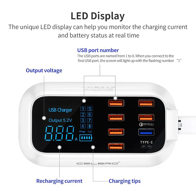Мульти Порты и разъёмы USB Зарядное устройство концентратор Quick Charge 3,0 8 Порты и разъёмы Настольный несколько USB Зарядное устройство станция светодиодный Дисплей Быстрая зарядка EU US UK вилкой