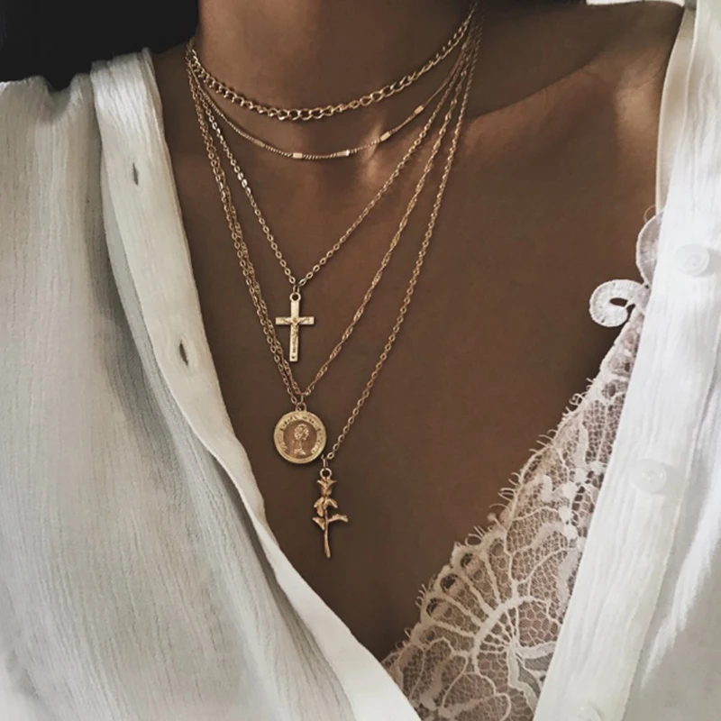 New multi-layer hot style cross coin head necklace with rose combination amazon exaggeration | Украшения и аксессуары