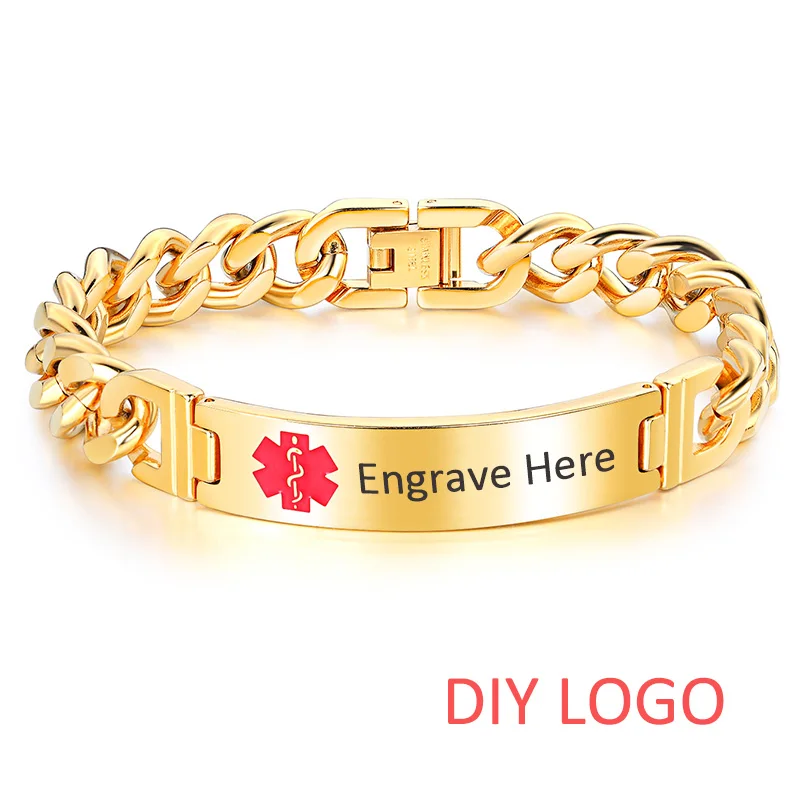 diy logo gold AZIZ BEKKAOUI гравировка имя медицинский оповещение браслеты медицинская идентификация ID браслеты из нержавеющей стали настроить ювелирные изделия - Окраска металла: diy logo gold