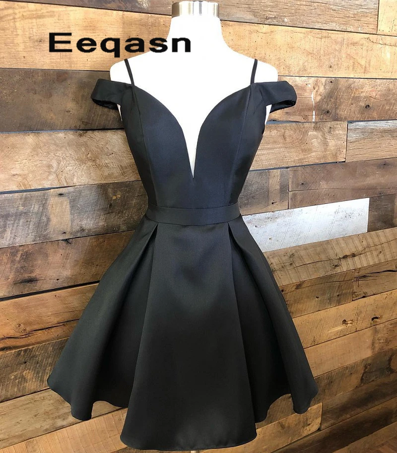 

Elegant Satin Short Prom Dress 2020 Black Off the Shoulder Satin Girls Graduation Party Gown Plus Size Gala Homecoming Dress