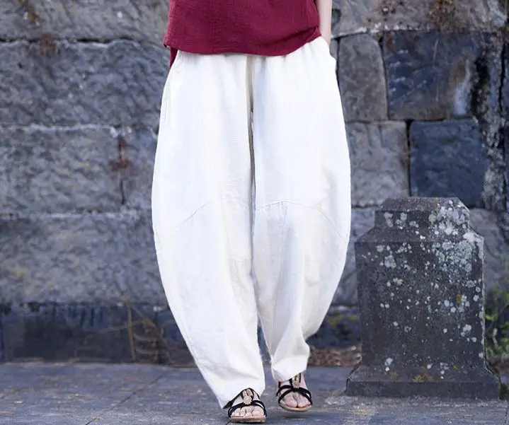 Летние и весенние женские хлопковые льняные черные/красные/белые/синие шаровары