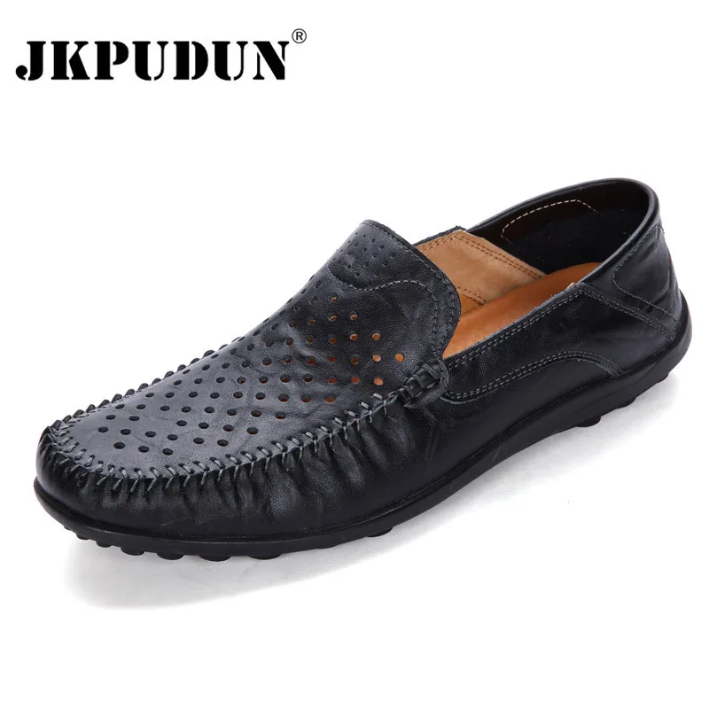 Hollow out black JKPUDUN/большие размеры; Мужская обувь из натуральной кожи; повседневные Роскошные Брендовые мужские лоферы; дизайнерская дышащая обувь для вождения; Мокасины без застежки - Цвет: Hollow out black