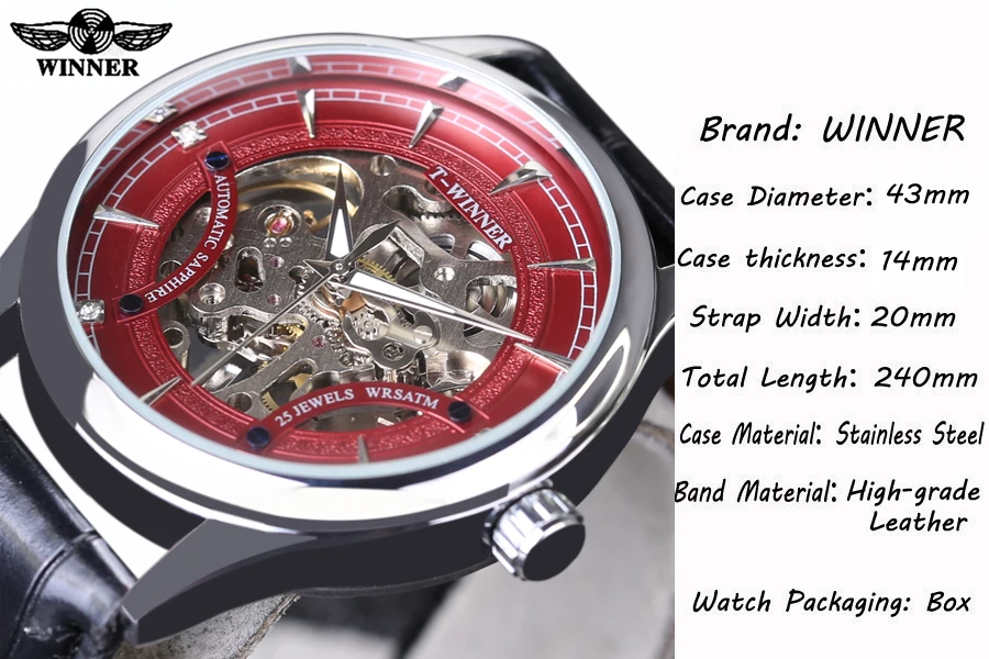 Часы наручные Winner Мужские механические модные стильные брендовые Роскошные