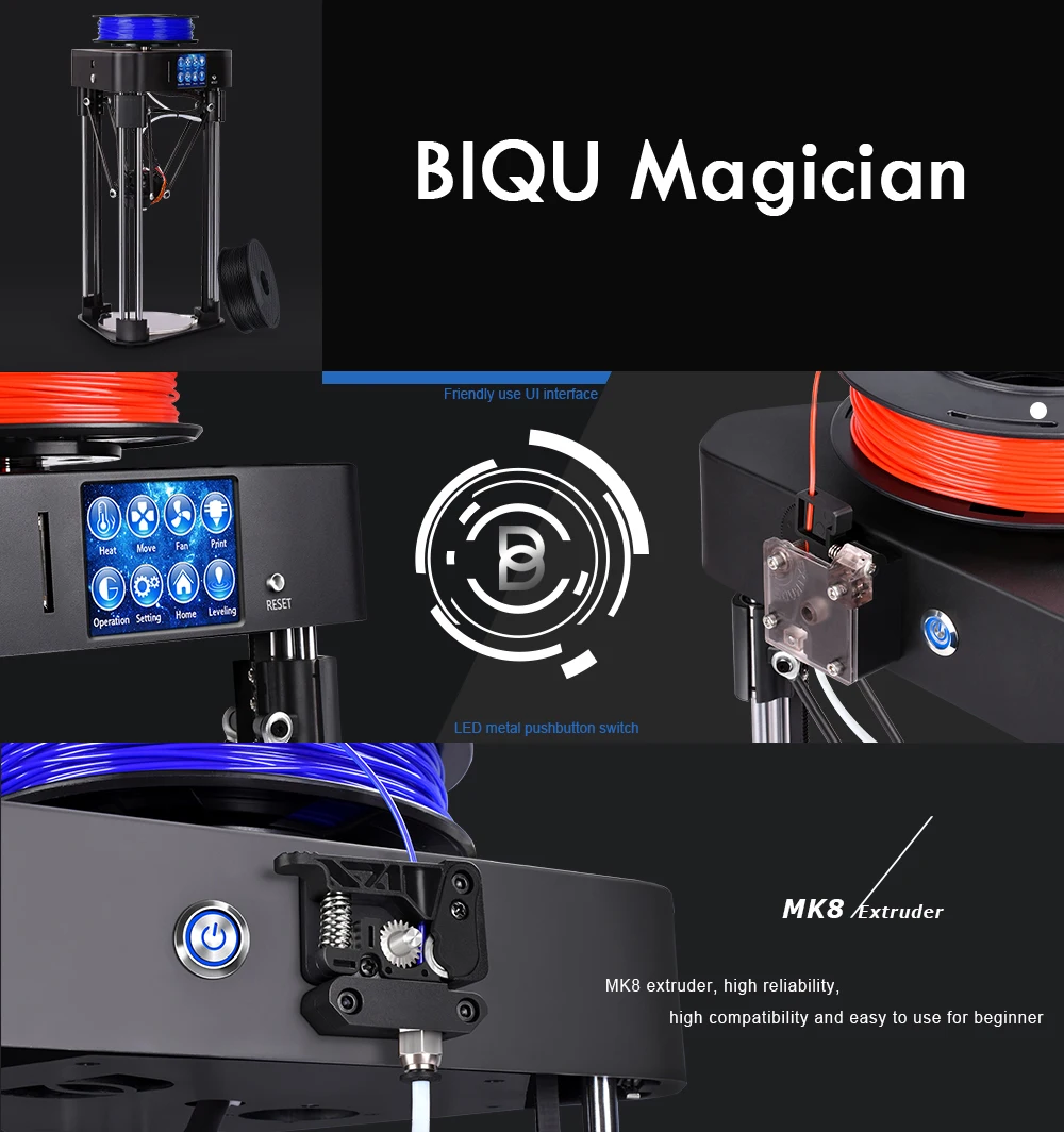 BIQU Magician 3d принтер Высокая точность мини Kossel Delta принтер MK8 экструдер полная сборка 2,8 дюймов сенсорный экран с титаном