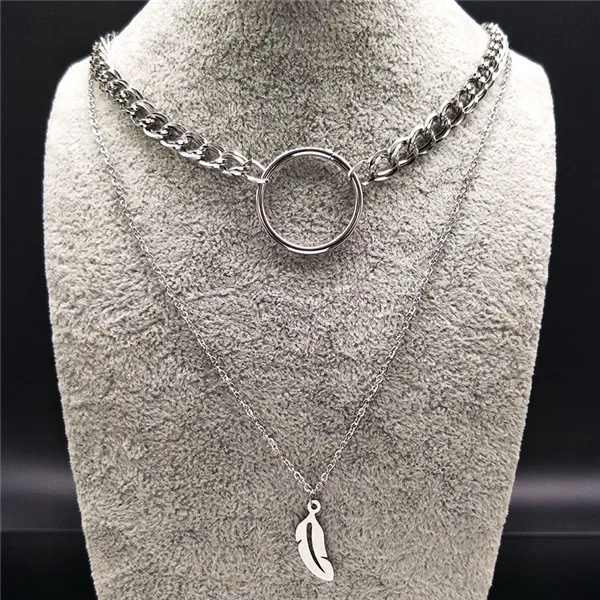 feather Модное лезвие из нержавеющей стали ожерелья для женщин ювелирные изделия двойной слой серебряного цвета ожерелья gotico N17853 - Окраска металла: feather