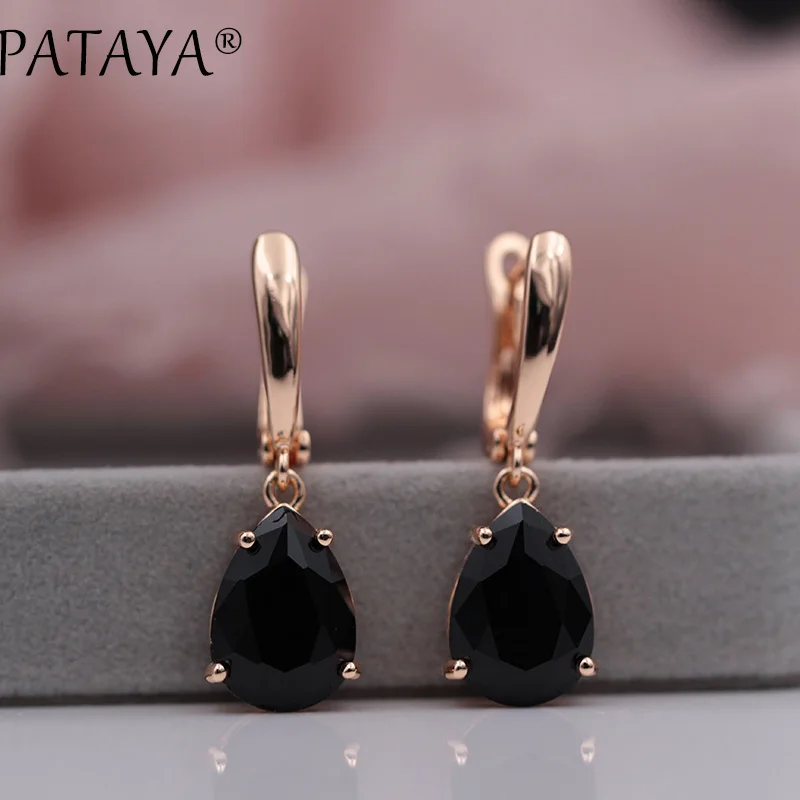 Black PATAYA, новые длинные серьги для женщин, модные ювелирные изделия для вечеринок, 585, розовое золото, лунный камень, цвет, капля воды, натуральный циркон, свисающие серьги - Окраска металла: Black