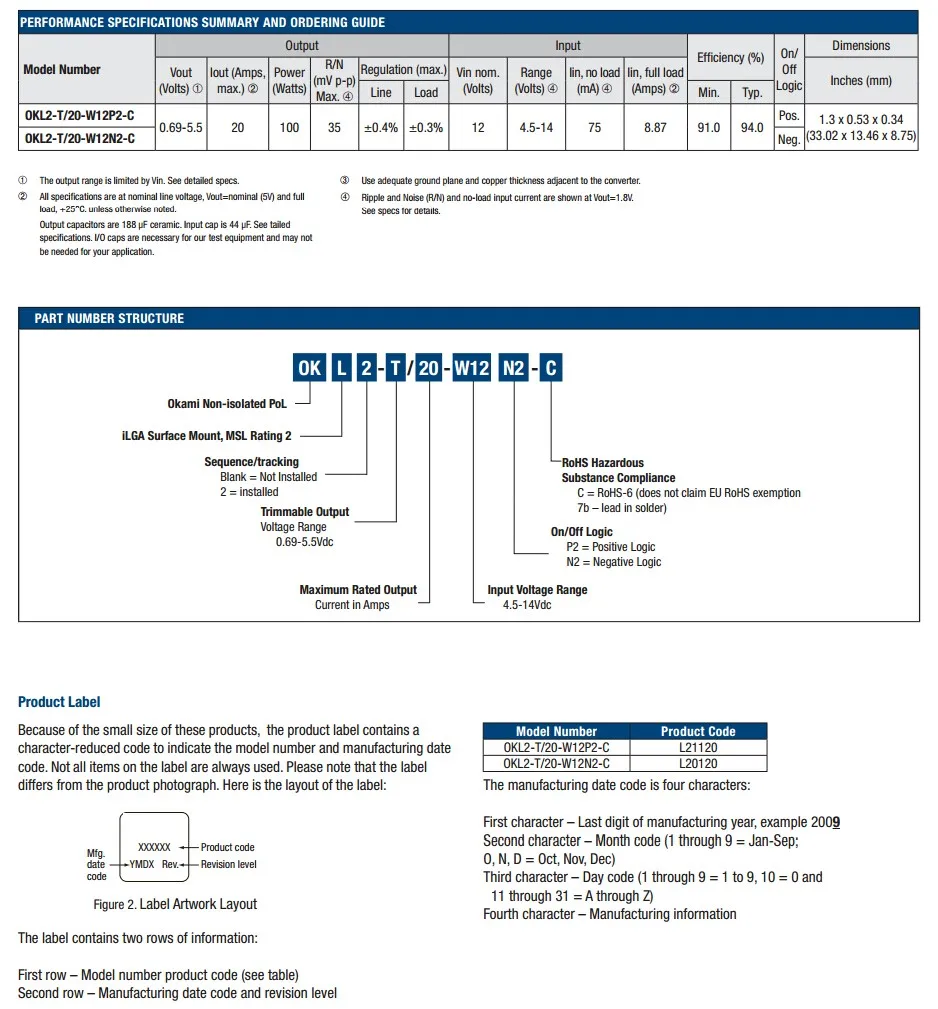 1 шт. x OKL2-T/20-W12N2-C неизолированные DC/DC преобразователи 5Vin 0,69-5,5 Vout 20A 100 Вт Neg Pol Seq OKL2 T/20 W12N2 C
